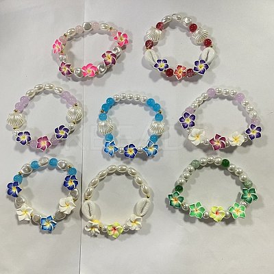 8Pcs 8 Colors Polymer Clay & ABS Plastic Imitation Pearl & Glass Beads Stretch Bracelets for Women BJEW-SC00002-1