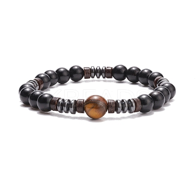 Natural Tiger Eye & Coconut & Wood Beaded Stretch Bracelet BJEW-JB08267-1