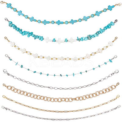 8Pcs 8 Styles Synthetic Turquoise Cross & Natural Trochid Shell & Natural Turquoise & Aluminum & 304 Stainless Steel Baseball Cap Chain HJEW-SC0002-39-1