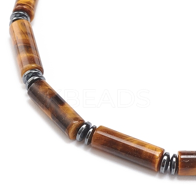 Natural Tiger Eye Column & Synthetic Hematite Stretch Bracelet BJEW-JB08458-01-1