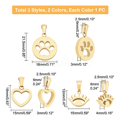 6Pcs 6 Style 304 Stainless Steel Pendants STAS-UN0022-61-1