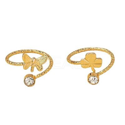 2Pcs 2 Styles Brass Crystal Rhinestone Butterfly Clover Cuff Toe Ring Sets FS-WG20A77-03-1