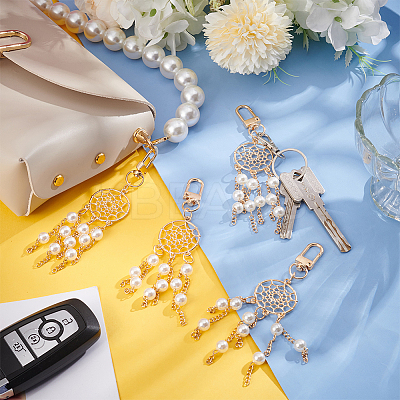 12Pcs Alloy Woven Web/Net with ABS Imitation Pearl Bead Tassel Pendant Decoration HJEW-NB0001-70-1