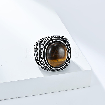304 Stainless Steel with Natural Tiger Eye Finger Rings for Men FS-WG44E14-15-1