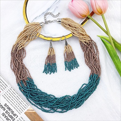 Bohemian Style Acrylic Seed Beaded Multilayer Necklaces & Tassel Dangle Earrings Sets FS-WG5C0BD-05-1