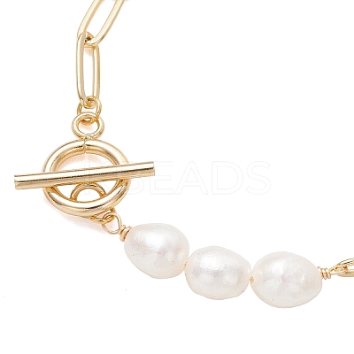 Rice Natural Cultured Freshwater Pearl & Brass Paperclip Chain Bracelets for Women BJEW-JB13543-03-1