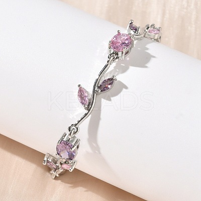 Brass Micro Pave Cubic Zirconia Oval & Leaf Link Chain Bracelets for Women BJEW-G764-05P-01-1