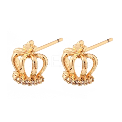 Crown Brass Micro Pave Clear Cubic Zirconia Stud Earrings for Women EJEW-G428-06G-1