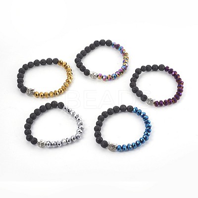 Electroplate Glass & Natural Lava Rock Stretch Bracelets BJEW-JB04016-1