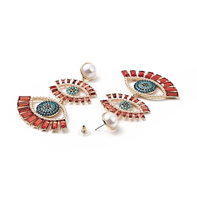 Rhinestone Double Evil Eye Dangle Stud Earrings with Acrylic Pearl Beaded LS-EJEW-J045-03C-KCG-1