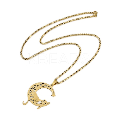 201 Stainless Steel Hollow Moon Cat Shaped Pendant Box Chain Necklaces NJEW-M010-06G-1
