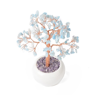 Natural Aquamarine Gemstone Chips with Brass Wrapped Wire Money Tree on Ceramic Vase Display Decorations DJEW-B007-02G-1