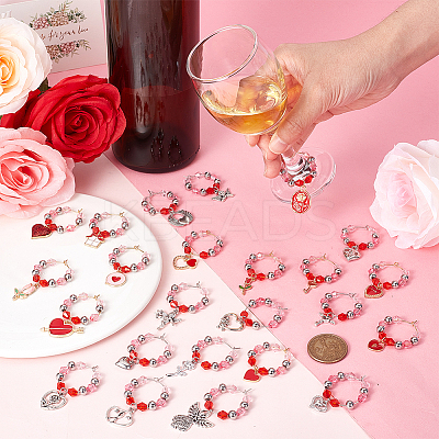 Valentine's Day Theme Alloy Enamel & 304 Stainless Steel & Plastic Wine Glass Charms AJEW-AB00080-1