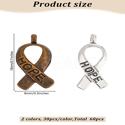 60Pcs 2 Colors Breast Cancer Awareness Ribbon Carved Word Hope Tibetan Style Alloy Pendants UNKW-LP0001-19-1