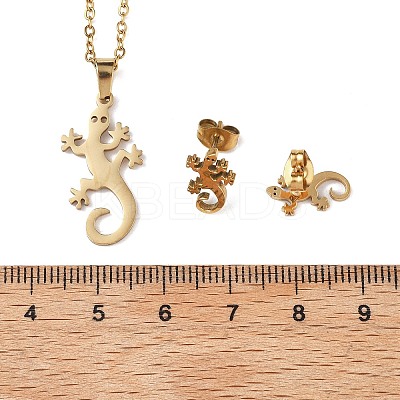 Gecko 201 Stainless Steel Pendant Necklaces & Stud Earrings Sets for Women SJEW-Q025-07G-1
