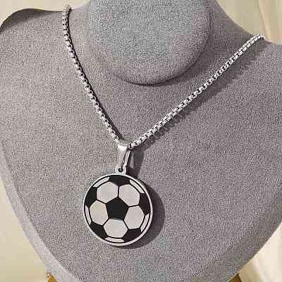 201 Stainless Steel Black Enamel Football Pendant Box Chain Necklaces NJEW-H055-05P-1