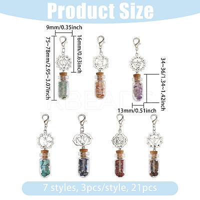 7 Chakra Natural Red Aventurine & Red Jasper & Green Aventurine & Tiger Eye & Synthetic Turquoise & Amethyst & Lapis Lazuli Chips inside Glass Wishing Bottle Pendant Decorations HJEW-FH00148-1