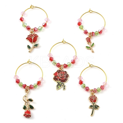 Valentine's Day Theme Rose Alloy Enamel Wine Glass Charms AJEW-JO00196-1