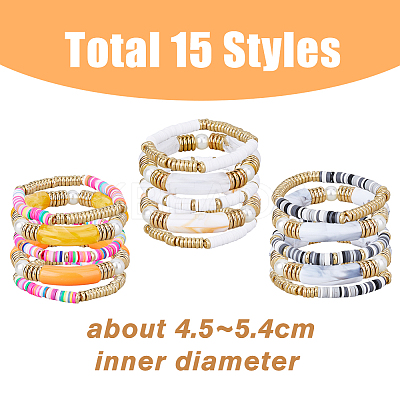 15Pcs 15 Style Ethnic Style Polymer Clay Heishi Surfer Stretch Bracelets Set BJEW-FI0001-41-1