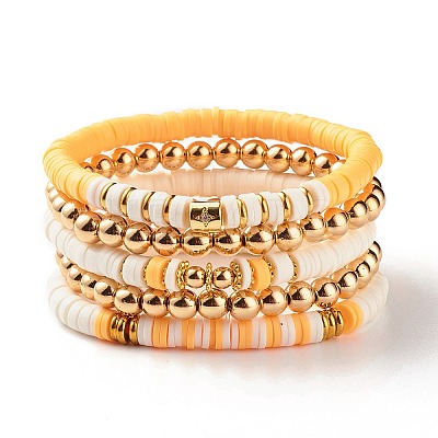 5Pcs 5 Style Polymer Clay Heishi Surfer Stretch Bracelets Set with Synthetic Hematite BJEW-SZ0002-43A-1