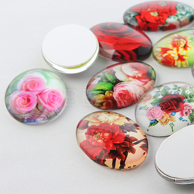 Multi-Color Flower Theme Ornaments Glass Oval Flatback Cabochons GGLA-A003-18x25-NN-1