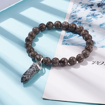 Natural Snowflake Obsidian Round Beaded Stretch Bracelet with Bullet Shape Charm BJEW-JB08310-04-1