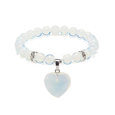 Opalite Round Beaded Stretch Bracelet with Heart Charm BJEW-JB09019-01-1