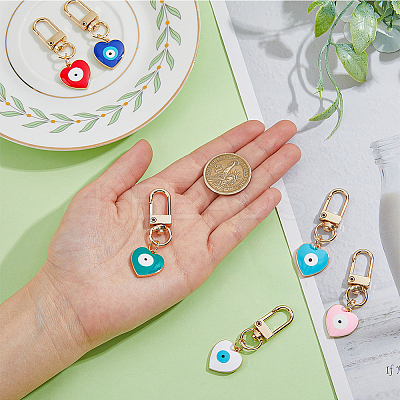 6Pcs 6 Colors Heart with Evil Eye Alloy Enamel Pendant Decoration KEYC-DC0001-27-1