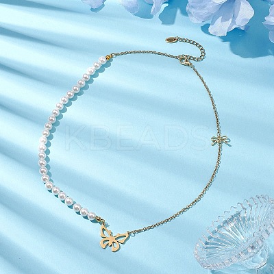 Bowknot Alloy Shell Pearl Beaded Necklaces NJEW-JN04819-1