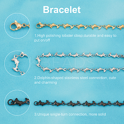 6Pcs 3 Color 304 Stainless Steel Dolphin Link Bracelets Set for Women BJEW-UN0001-23-1