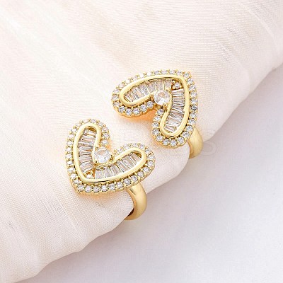 Heart Brass Micro Pave Clear Cubic Zirconia Cuff Earrings EJEW-H158-21G-1
