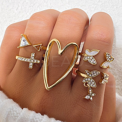 5Pcs Alloy Crystal Rhinestone & Natural Shell Finger Rings Sets FS-WG36854-01-1