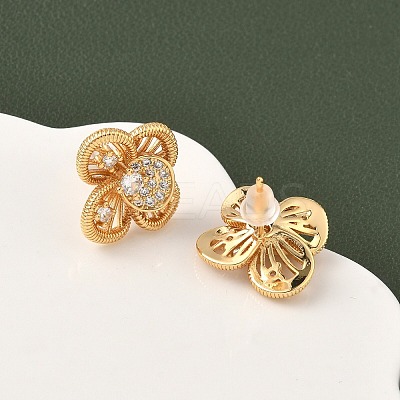 Brass Micro Pave Clear Cubic Zirconia Flower Stud Earrings EJEW-D337-09G-1
