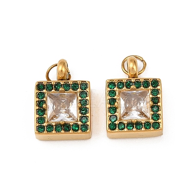 304 Stainless Steel & Clear Cubic Zirconia & Emerald Rhinestone Charms STAS-G364-06G-1