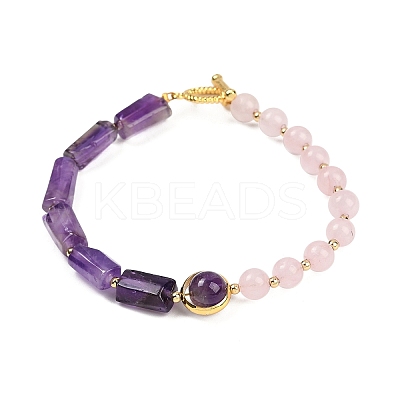 Natural Rose Quartz & Natural Amethyst & Brass Round & Prism Beaded Bracelets for Women BJEW-G752-01G-06-1