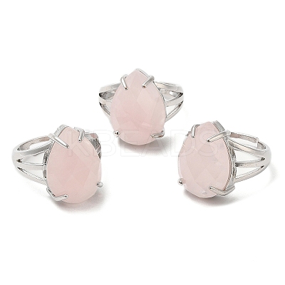 Natural Rose Quartz Teardrop Adjustable Rings RJEW-K241-03P-14-1