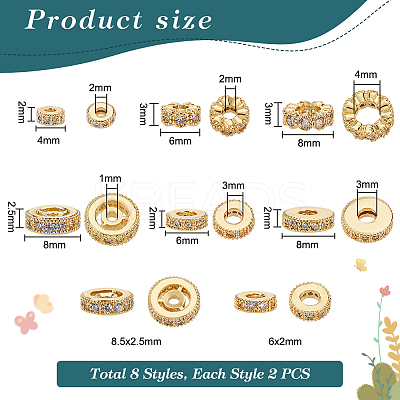16Pcs 8 Styles Brass Micro Pave Cubic Zirconia Beads KK-PH0005-97-1