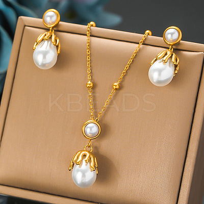 304 Stainless Steel with Plastic Pearl Pendant Necklace & Stud Dangle Earring FS-WG92D8A-04-1