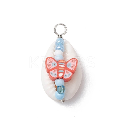 Natural Cowrie Shell & Handmade Polymer Clay Copper Wire Wrapped Pendants PALLOY-JF03818-02-1