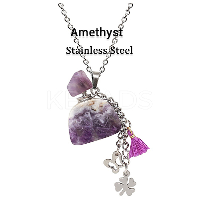 Natural Amethyst Perfume Bottle Pendant Necklace with Staninless Steel Butterfly Flower and Tassel Charms LS-BOTT-PW0002-072J-1