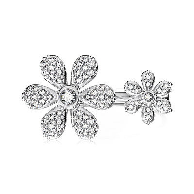 Flower Rhodium Plated 925 Sterling Silver Micro Pave Clear Cubic Zirconia Open Cuff Rings for Women RJEW-Q816-04P-1