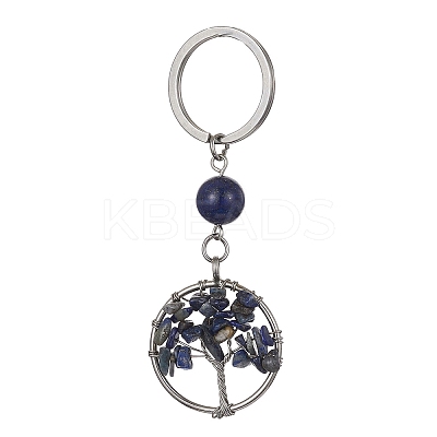 Natural Lapis Lazuli Chips Flat Round with Tree of Life Kcychain KEYC-JKC00563-01-1