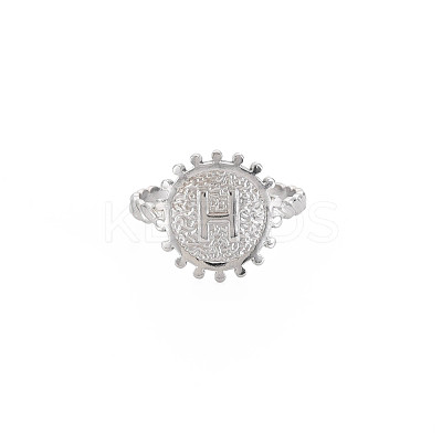Non-Tarnish 304 Stainless Steel Flat Round with Initial Letter Open Cuff Ring for Men Women RJEW-S405-246P-H-1
