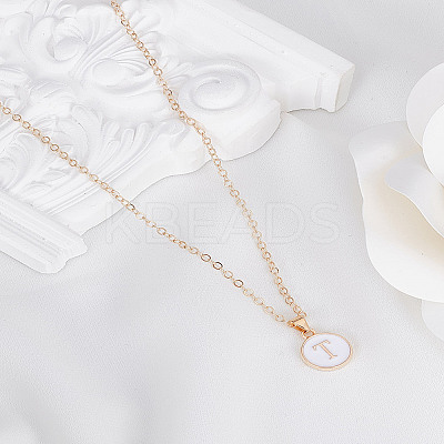 1Pc Zinc Alloy White Enamel Round with Letter Pendant Necklaces NJEW-LP0002-88G-T-1