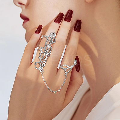2Pcs 2 Colors Crystal Rhinestone Flower Full Finger Ring Hand Chain RJEW-AN0001-03-1
