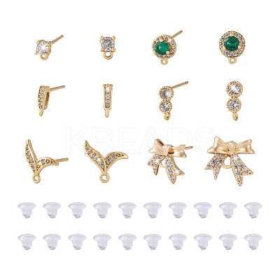 12Pcs 6 Style Brass Micro Pave Cubic Zirconia Stud Earring Findings KK-FW0001-10-1