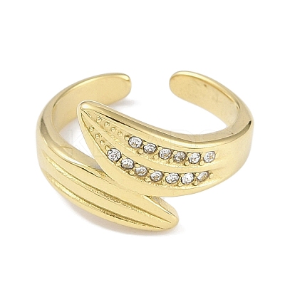 Leaf 304 Stainless Steel Rhinestone Cuff Ring for Women RJEW-C099-03G-01-1