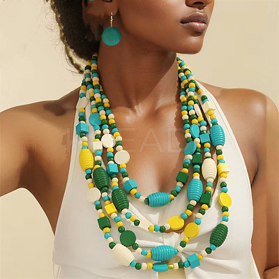 Bohemian Style Wood Barrel & Cube & Flat Round Beaded Multilayer Necklaces & Dangle Earrings Sets FS-WG5D833-02-1