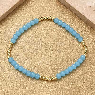Brass & Glass Round Beaded Stretch Bracelets for Women BJEW-F515-04G-1