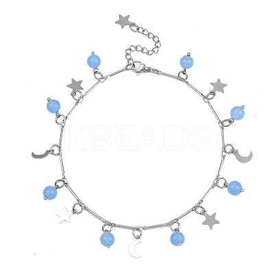 201 Stainless Steel Moon Star & Natural Dyed Malaysia Jade Round Charm Brass Bar Link Chain Anklets AJEW-AN00732-02-1